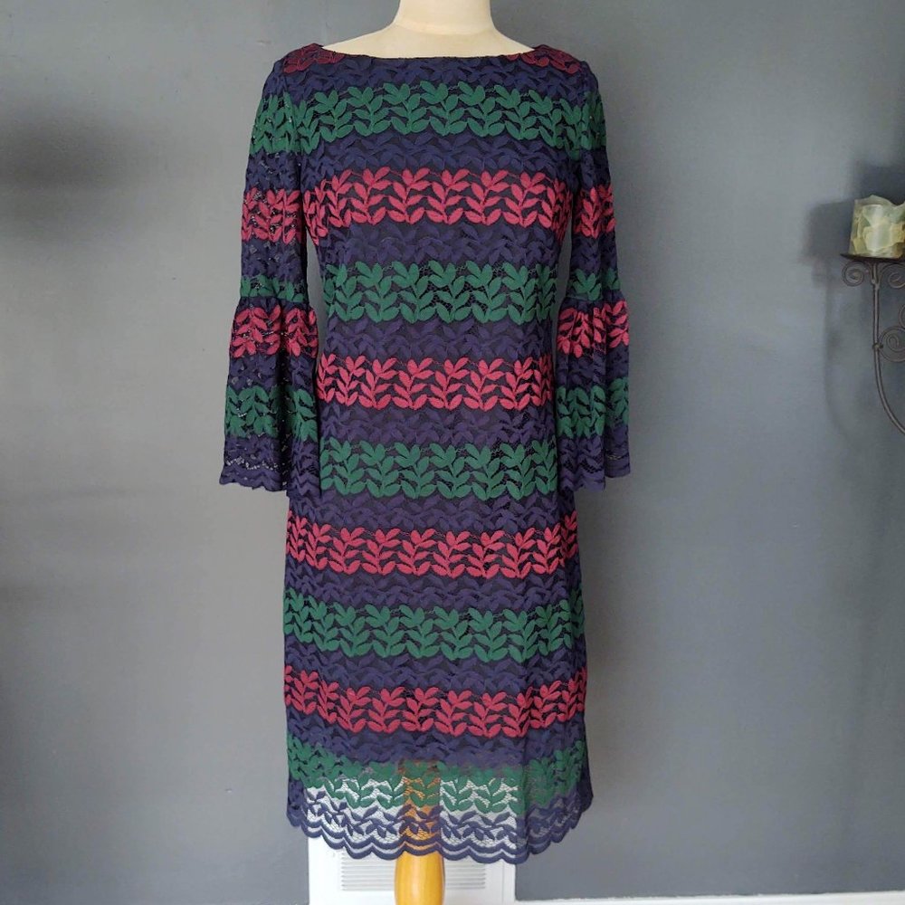 Lace overlay sheath dress with bell sleeves